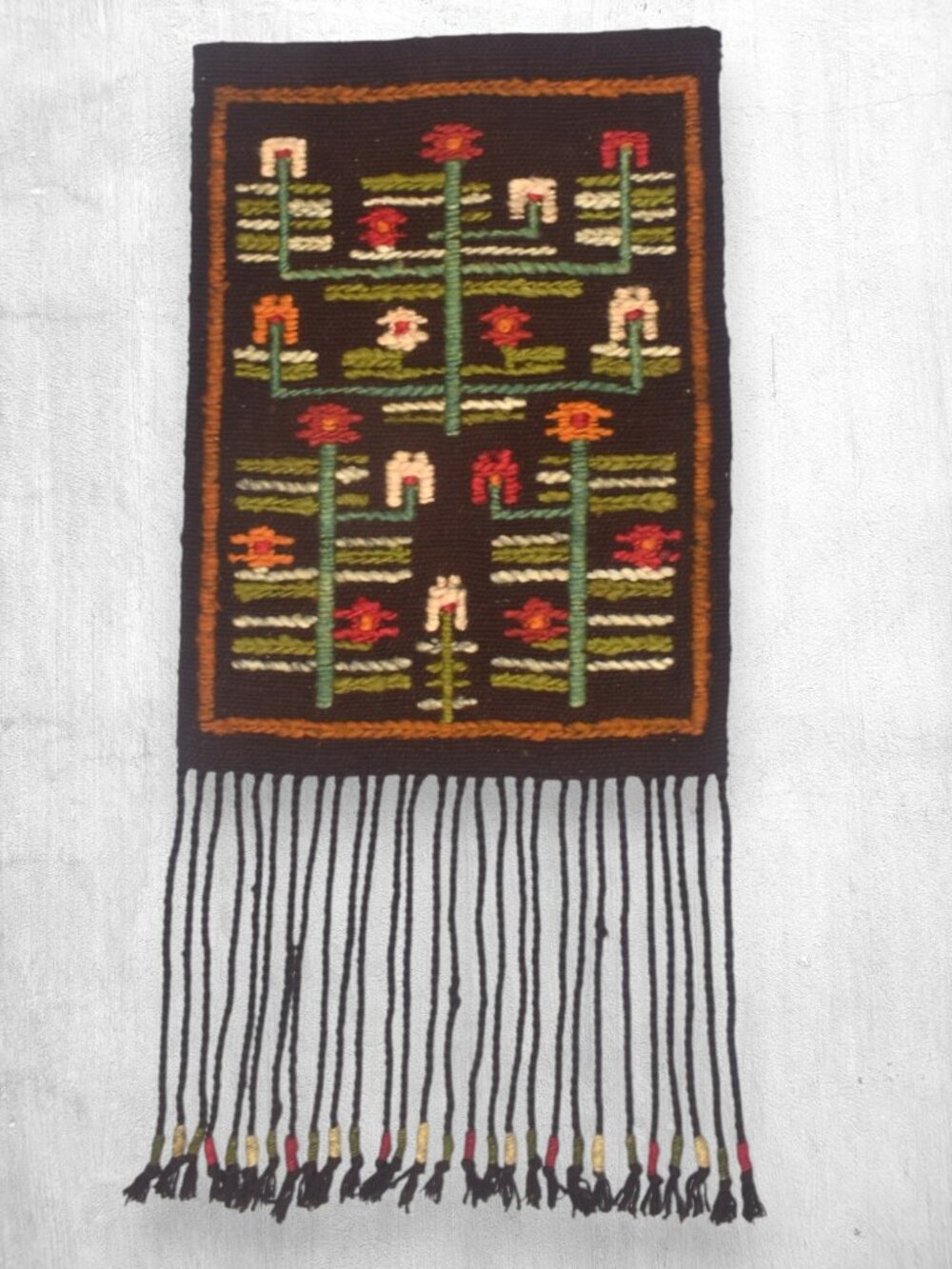 Vintage 70s Wool Tapestry Polish Folk Art Woven Kilim Wall Hanging Fringe